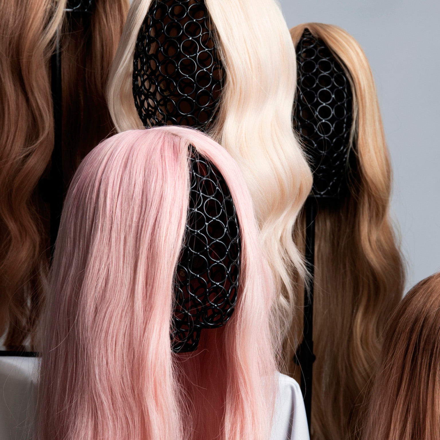 Blonde, dark brown, brown and pink wigs