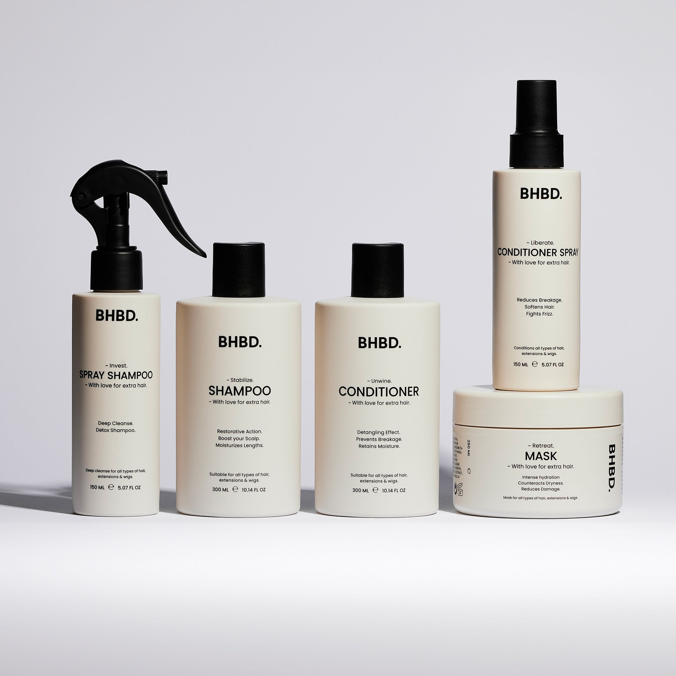 BHBD haircare series, BHBD shampoo, conditioner, hair mask, spray shampoo and conditioner spray