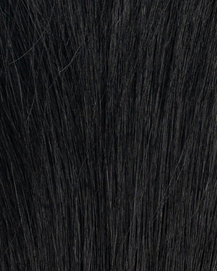 Close-up of hair topper in deep black shade (1N) with sleek, natural-looking texture.