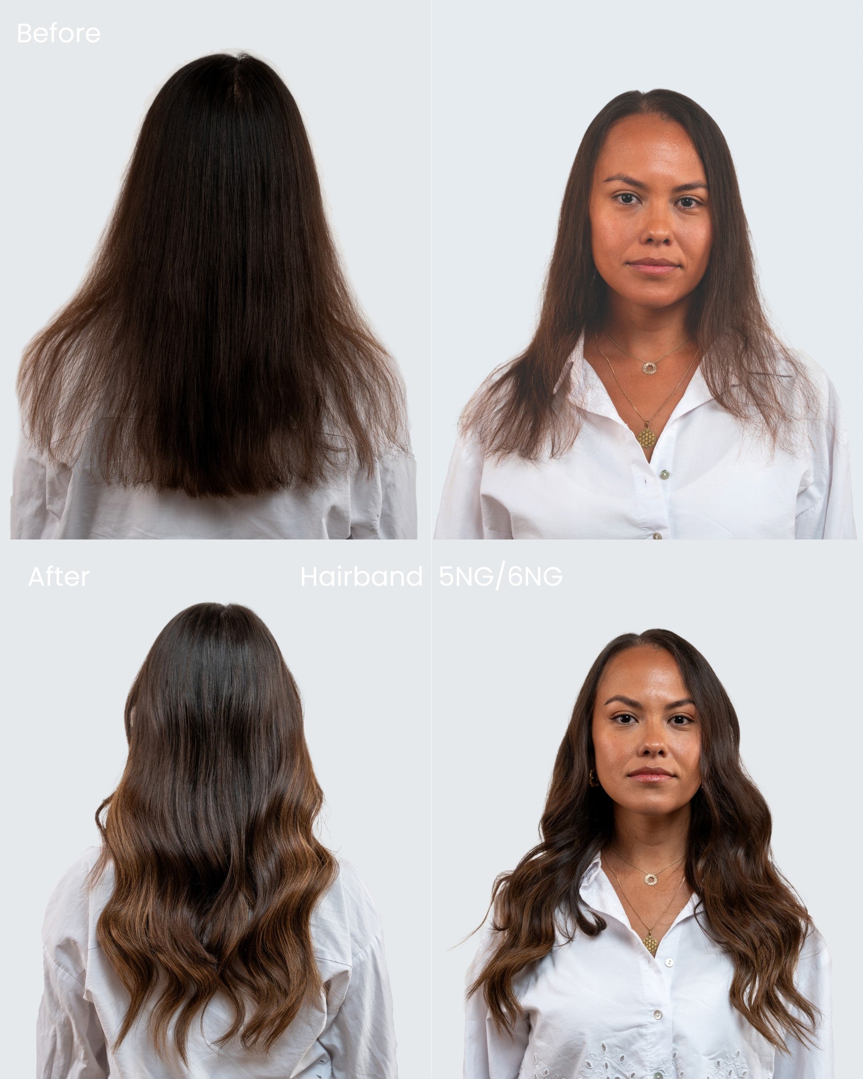 Before and after comparison of BHBD Hairband extensions on a woman with dark hair
