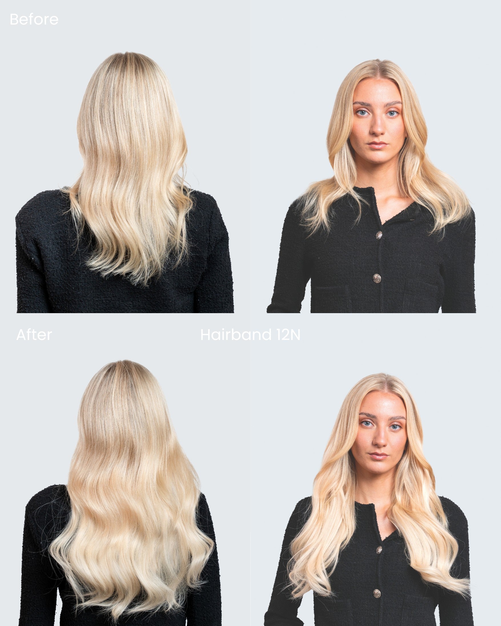 Before and after comparison of a woman with blonde hair, before and after BHBD halo extensions.