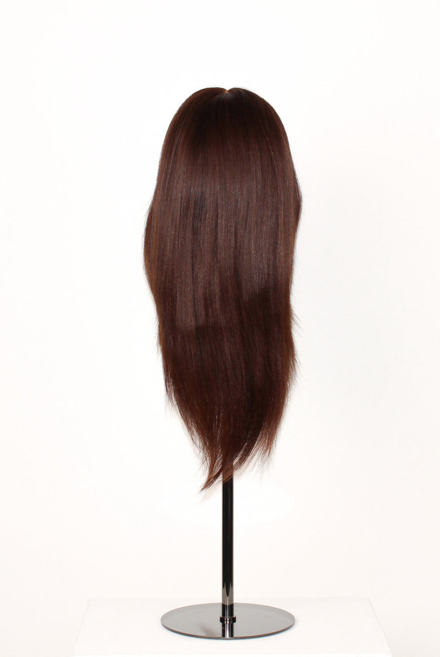Peony Wig 30 cm dark brown human hair wig with softly layered finish and realistic scalp effect, displayed on stand.
