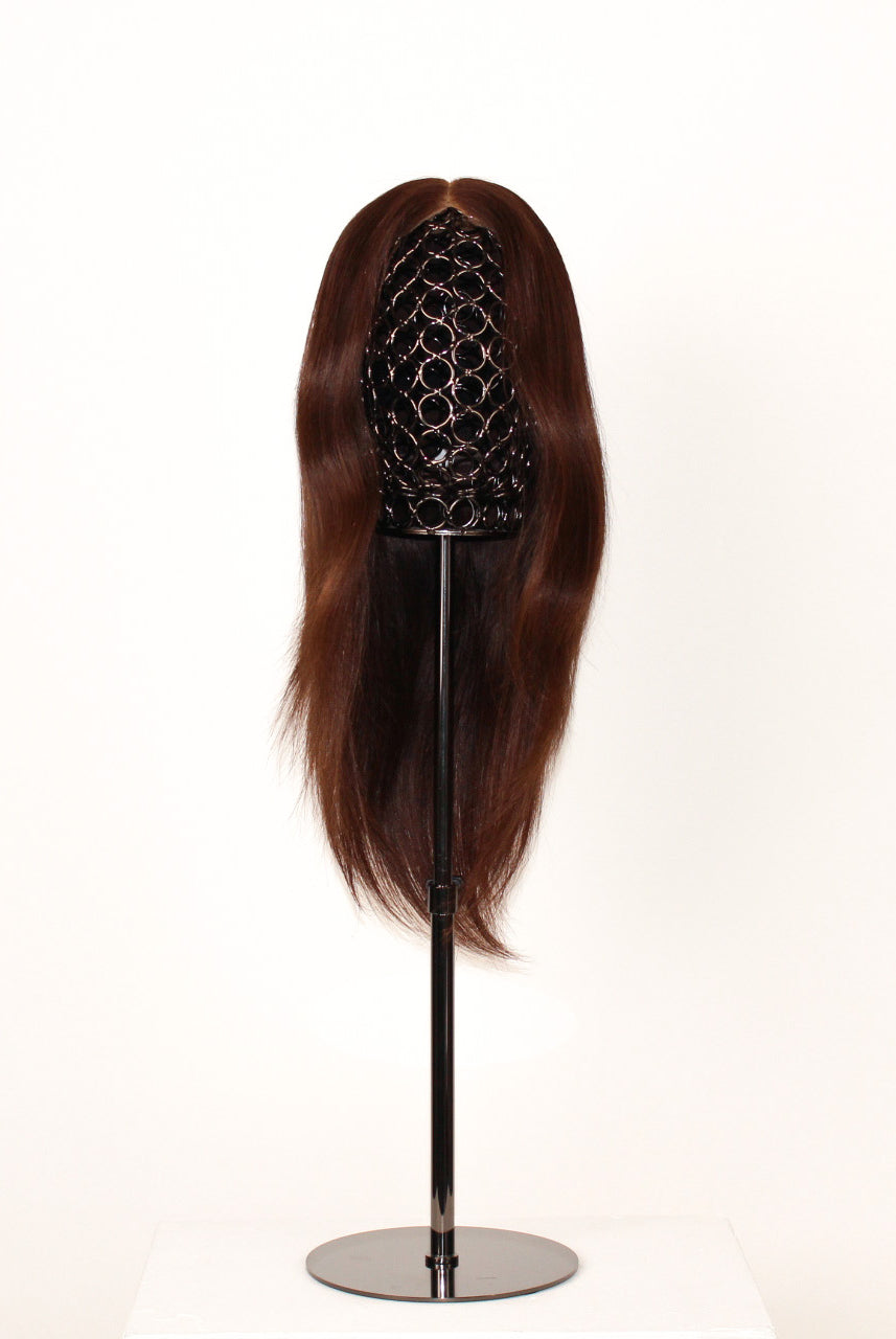 Peony Wig 30 cm dark brown 100% Remy human hair wig with HD lace front and pre-plucked hairline, displayed on stand.