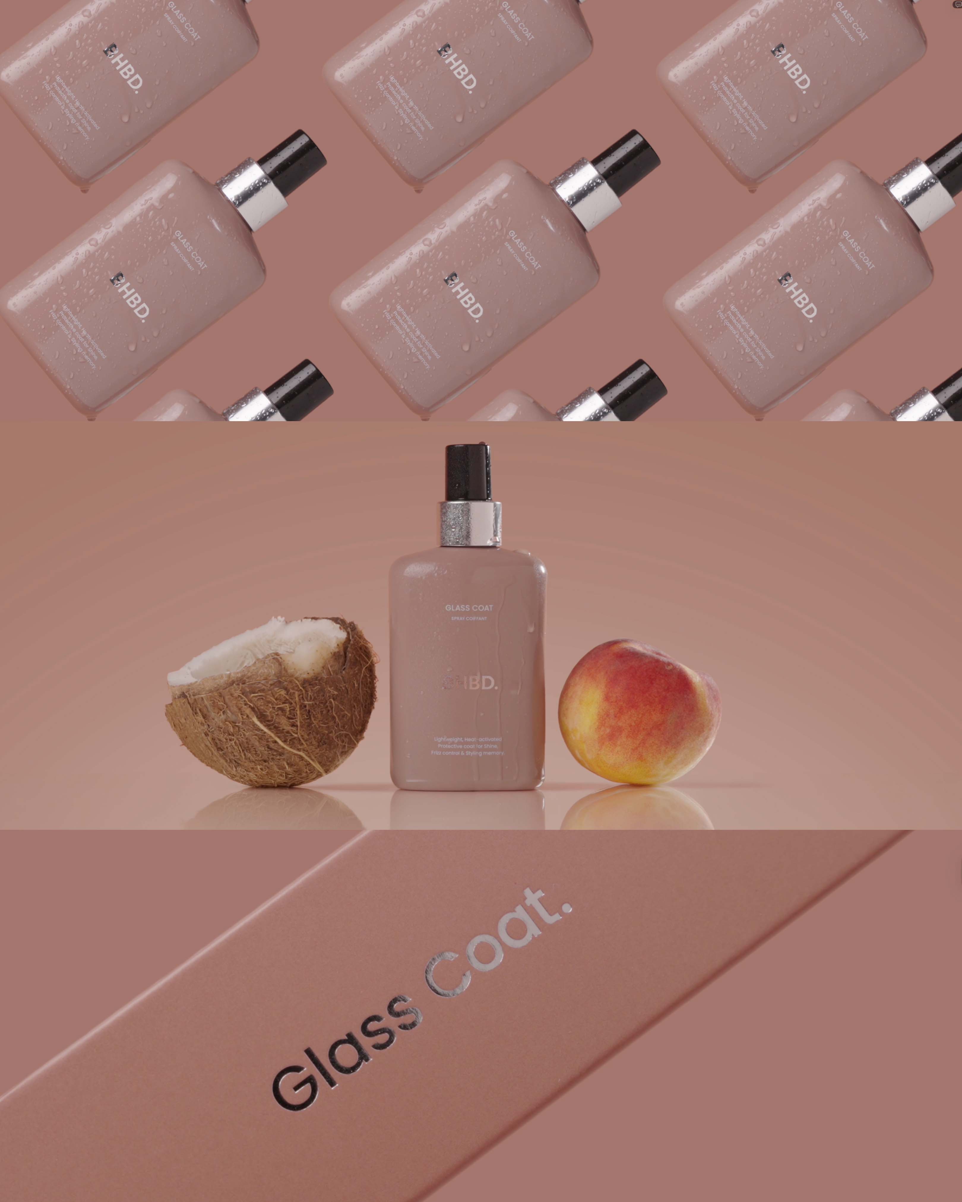 BHBD Glass Coat with coconut and peach on a gradient background