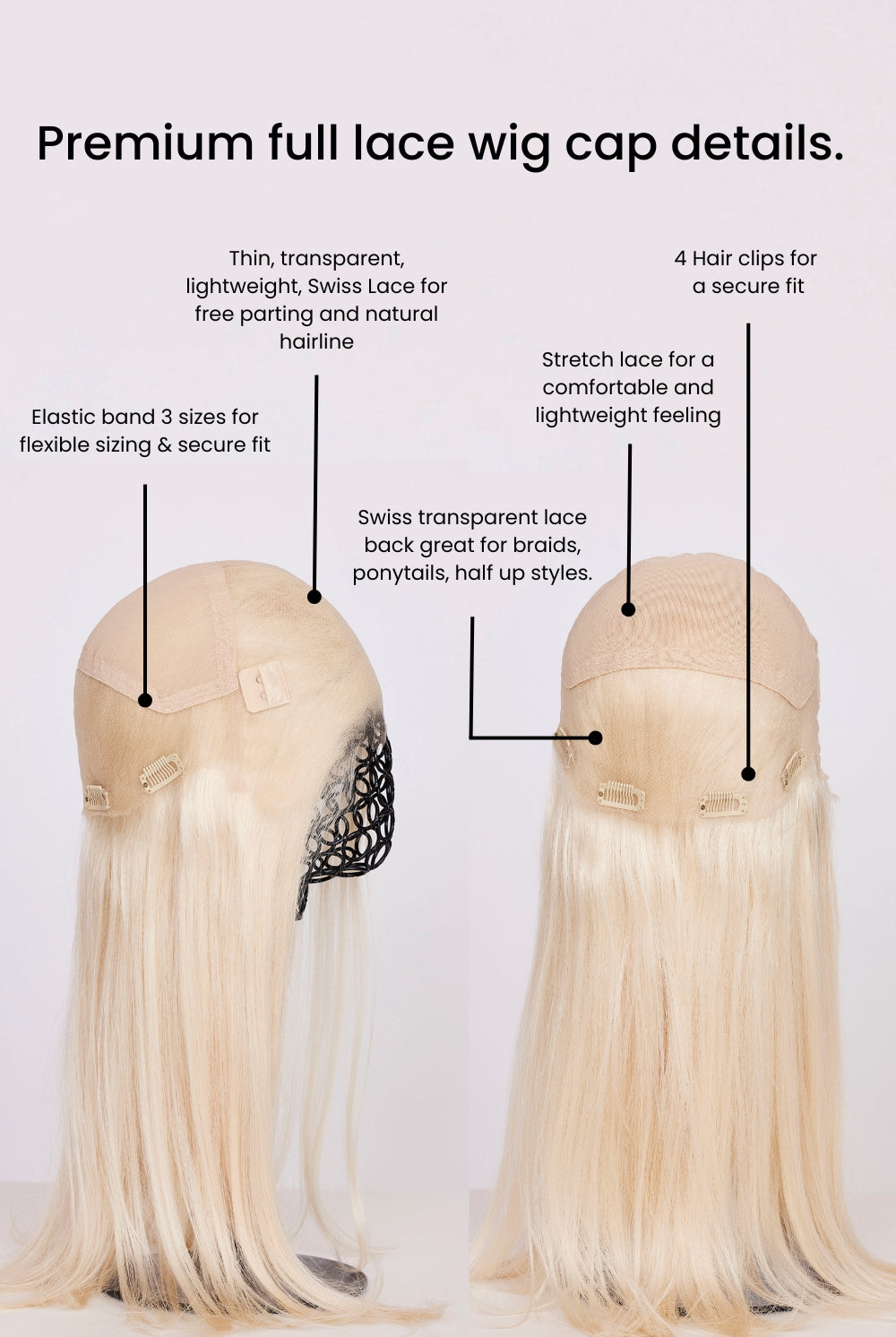 Detailed view of BHBD premium full lace wig cap features. Includes thin, lightweight Swiss lace for free parting and a natural hairline, elastic bands in 3 sizes for flexible sizing and secure fit, 4 hair clips for added security, stretch lace for comfort, and a transparent lace back ideal for braids, ponytails, and half-up styles.