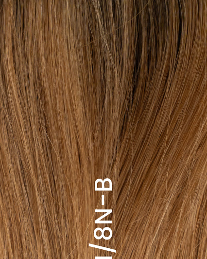 Close-up of hair topper in balayage brown-blond shade (4B/10N/6N/8N-B) with soft blended dimension and natural color variation.
