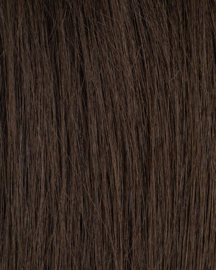 Close-up of hair topper in neutral medium brown shade (4N) with natural tone and soft shine.