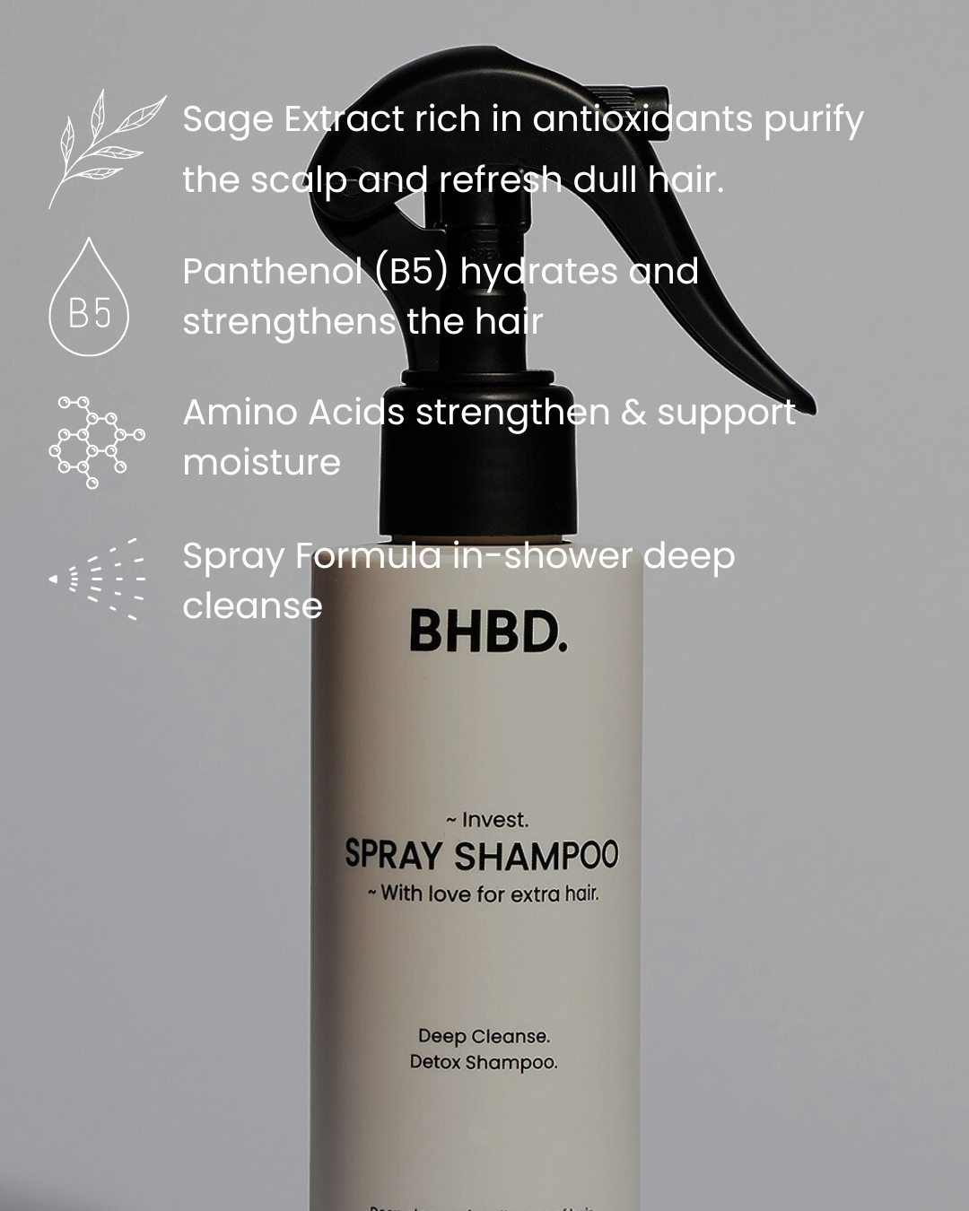 BHBD spray shampoo with text detailing its benefits on a gray background