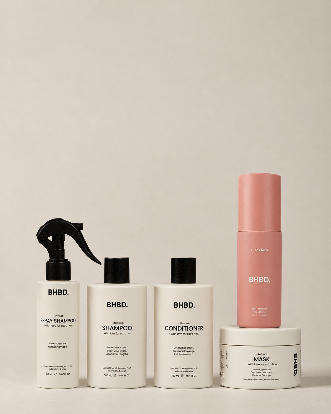A bundle of BHBD premium hair care products. BHBD Spray Shampoo BHBD Shampoo BHBD Conditioner BHBD Hair Mask BHBD Hero Mist