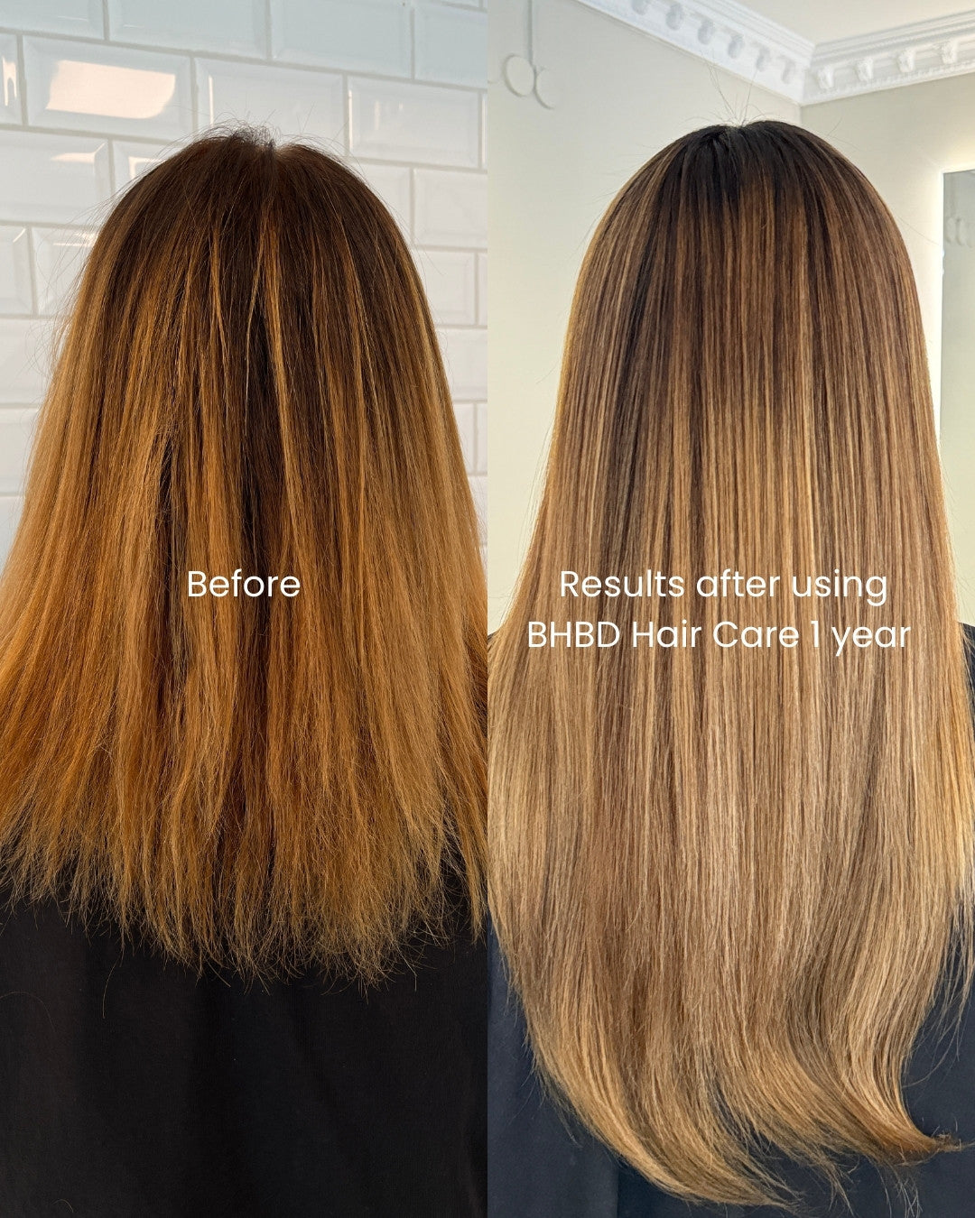 Showing before and after results after using BHBD hair care - after result showing healthier & longer hair.