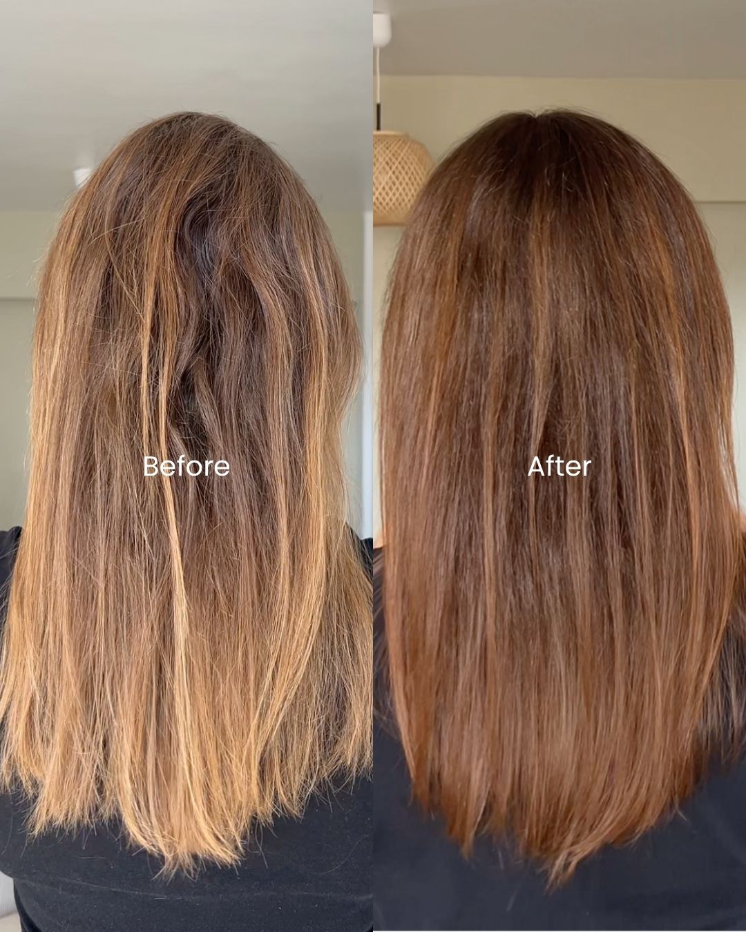 Before and after results when a woman have used BHBD shine tone warm brown gloss