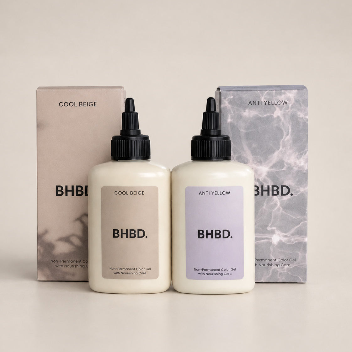 Color gel bottles in Cool Beige and Anti Yellow with packaging on light background