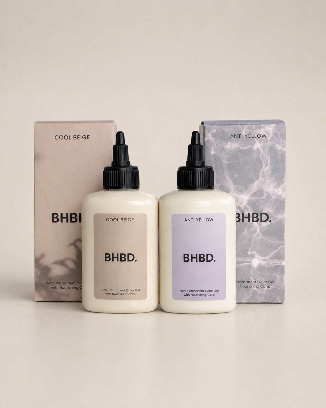 Color gel bottles in Cool Beige and Anti Yellow with packaging on light background
