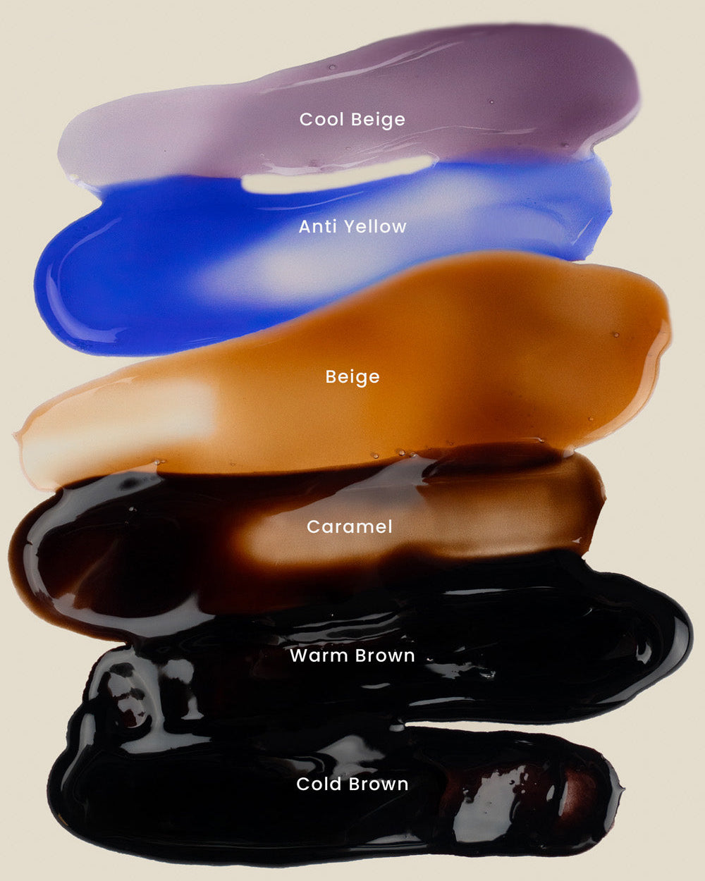Shine Tone Cool Beige – product swatch with cool beige, beige, caramel, and warm brown, cold brown & Anti Yellow shown as gel color samples on a neutral surface.