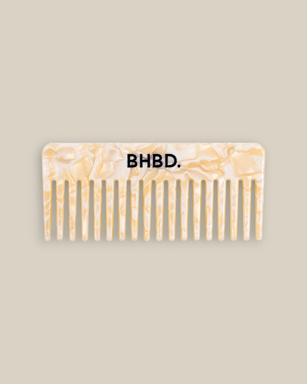 BHBD Comb – wide tooth comb for detangling hair and distributing hair masks and conditioner, featuring a marbled beige design with BHBD branding