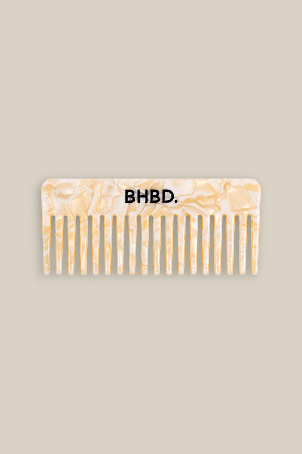 BHBD Comb – wide tooth comb for detangling hair and distributing hair masks and conditioner, featuring a marbled beige design with BHBD branding