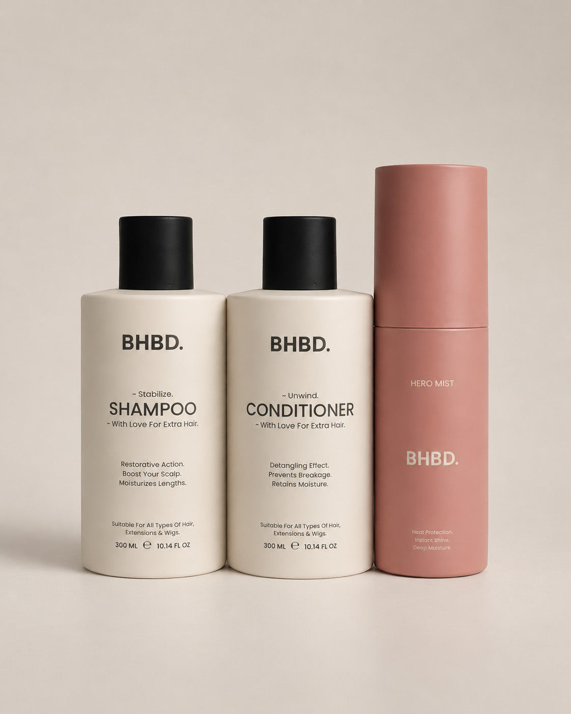 BHBD shampoo, conditioner, and hero mist on a light gray background