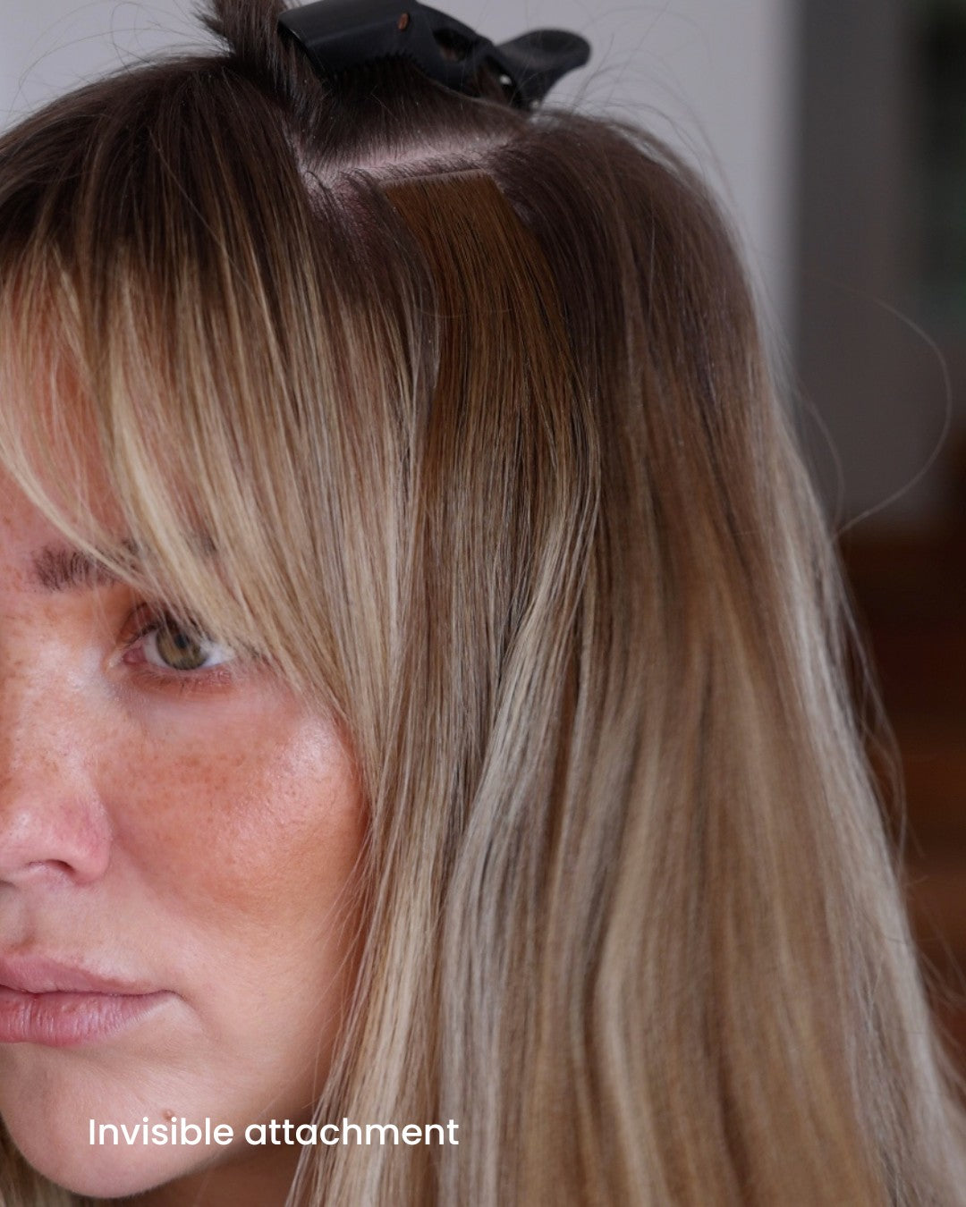 BHBD tape extensions: 35cm,50cm,60cm.  showing of tape extensions Invisible bond in the hair of a woman.