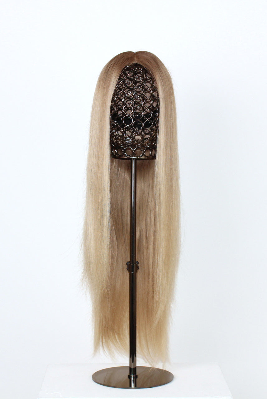 Ash Blonde Wig 40 cm human hair with ashy dark root fading into soft blonde highlights, hand-tied on HD lace, displayed front view on a wig stand.