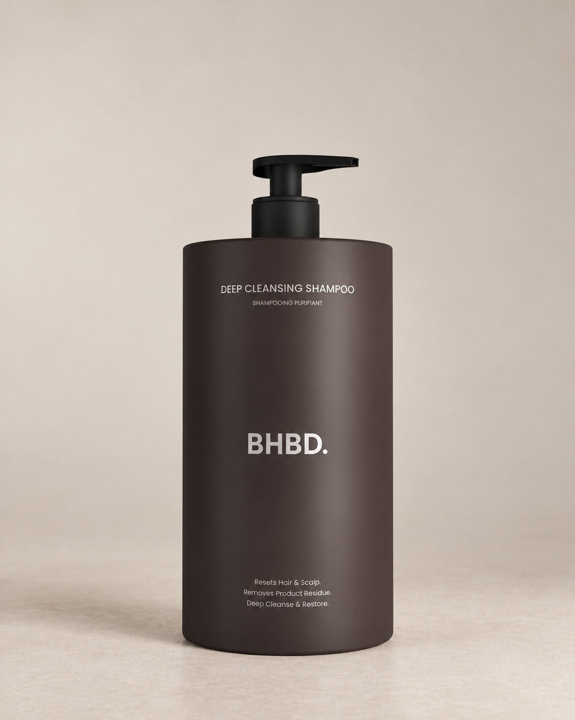 BHBD Deep Cleansing Shampoo in a dark brown pump bottle, 750ml