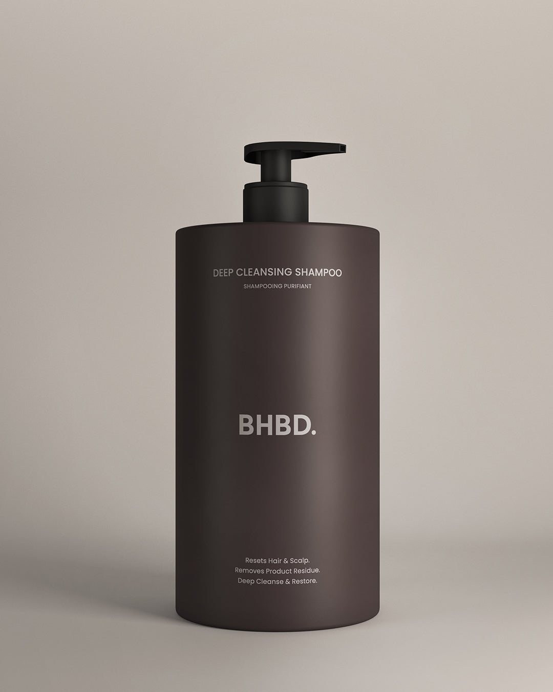 BHBD Deep Cleansing Shampoo in a dark brown pump bottle, 750ml
