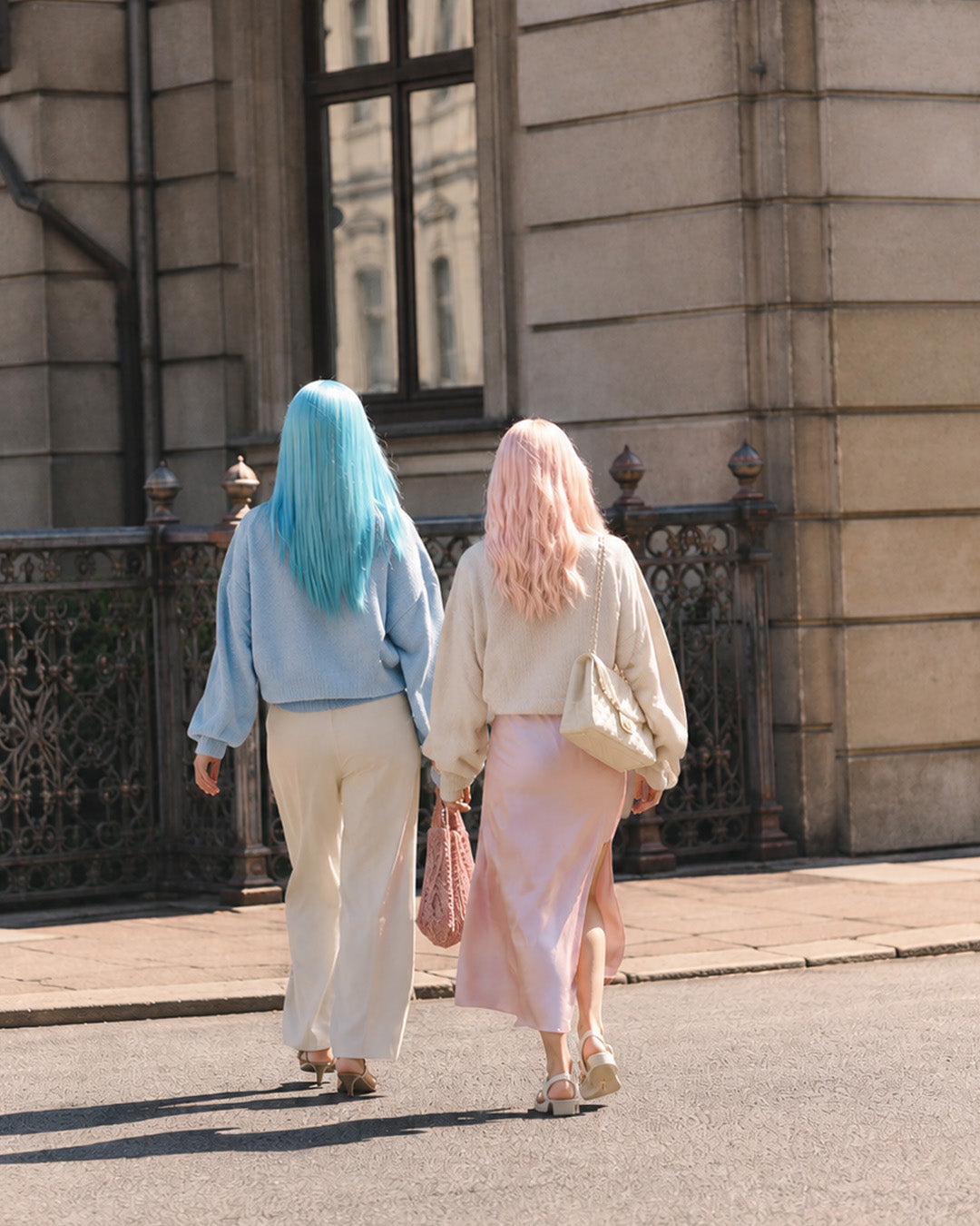 Two women with colorful hair walking on a street in front of a building.
