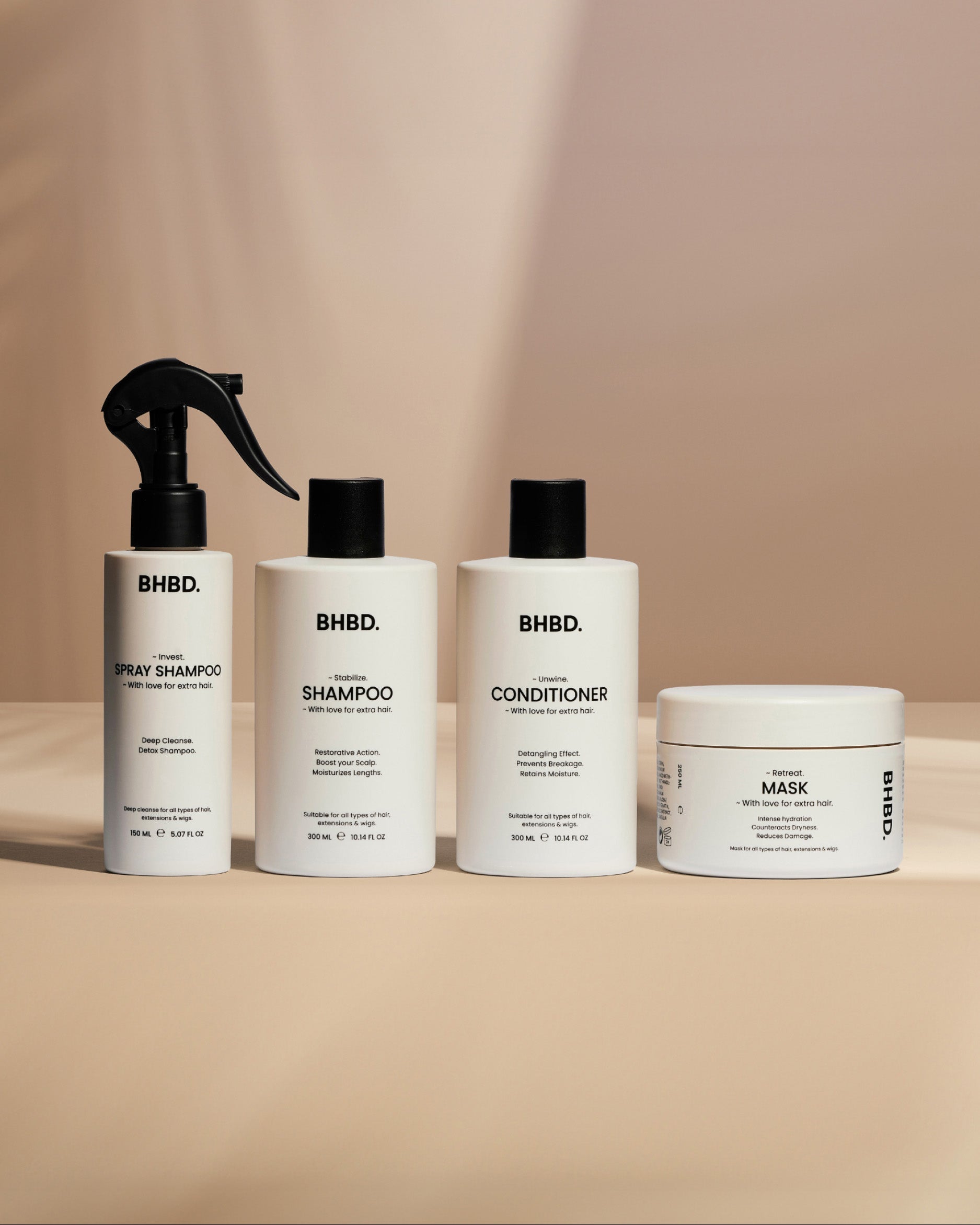 BHBD Hair Care: Spray shampoo, shampoo, conditioner and hair mask.