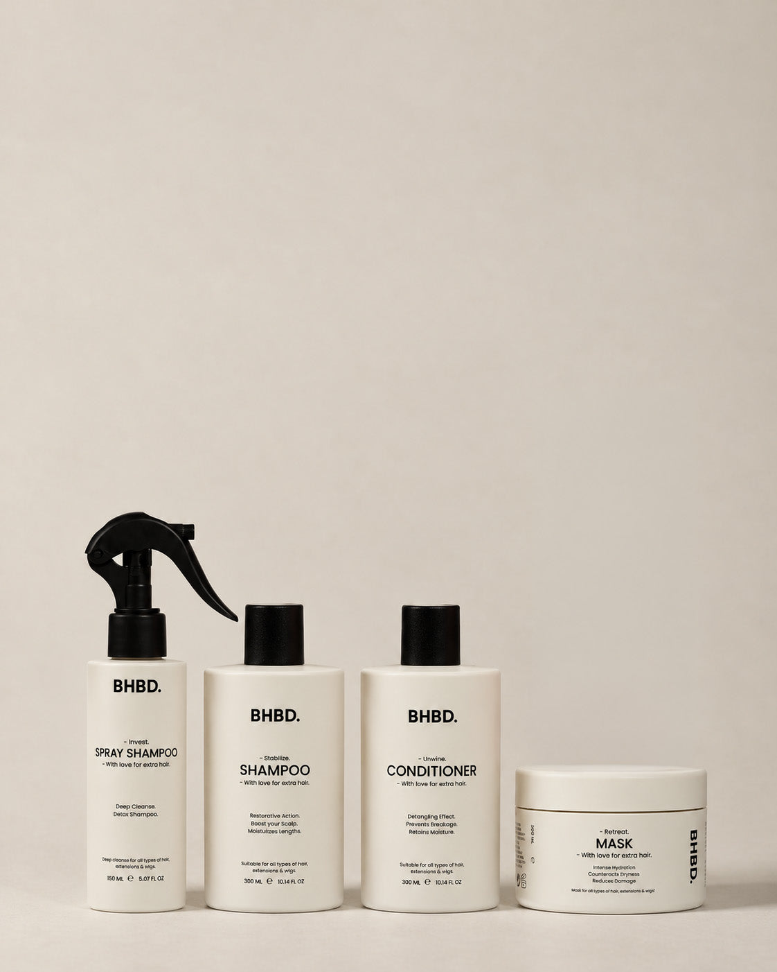BHBD Hair Care: Spray shampoo, shampoo, conditioner and hair mask.