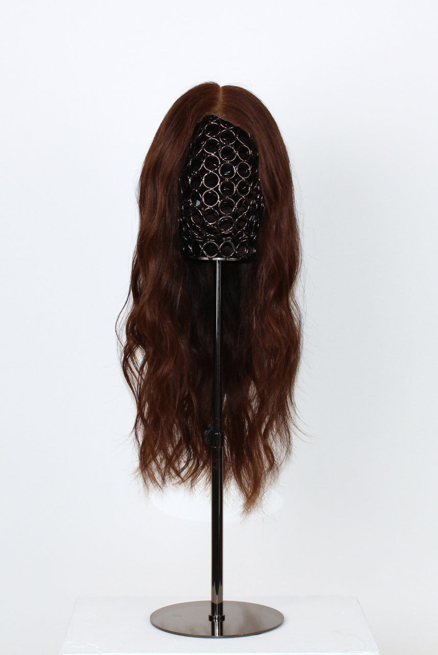 Valentina Wig – 40cm natural dark brown wig on mannequin; full lace with transparent Swiss lace and hand-tied strands.