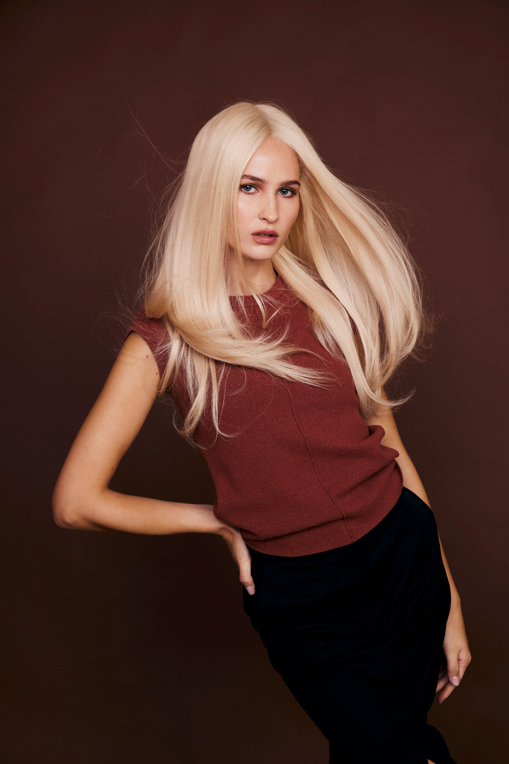 Model wears BHBD pure wig: 45 cm in Platinum blonde perfection! Our Remy human hair wig is soft, tangle-free & features a natural hairline. 