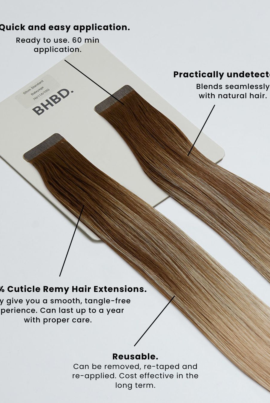BHBD tape hair extensions. Easy application.