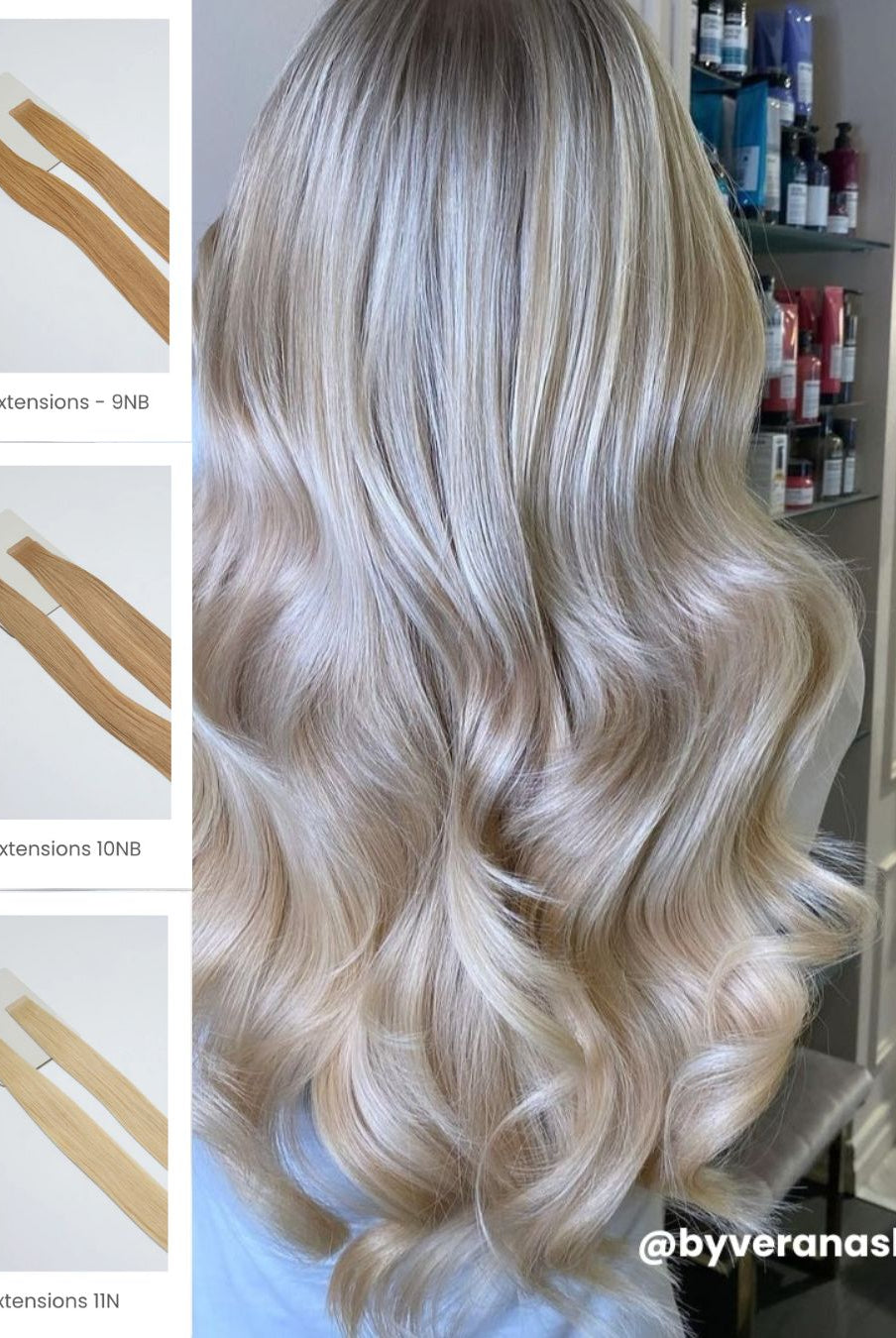 Blonde hair created with BHBD hair extensions. Tape extensions: 9NB, 10NB and 11N.