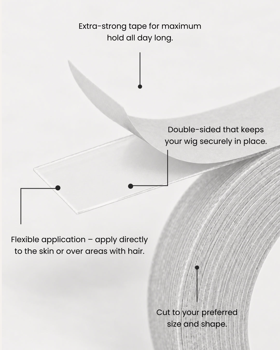 Instructional graphic showing a clear, flexible hair tape strip, with text callouts explaining its extra-strong hold, double-sided application, flexible skin/area application, and customizable size and shape.
