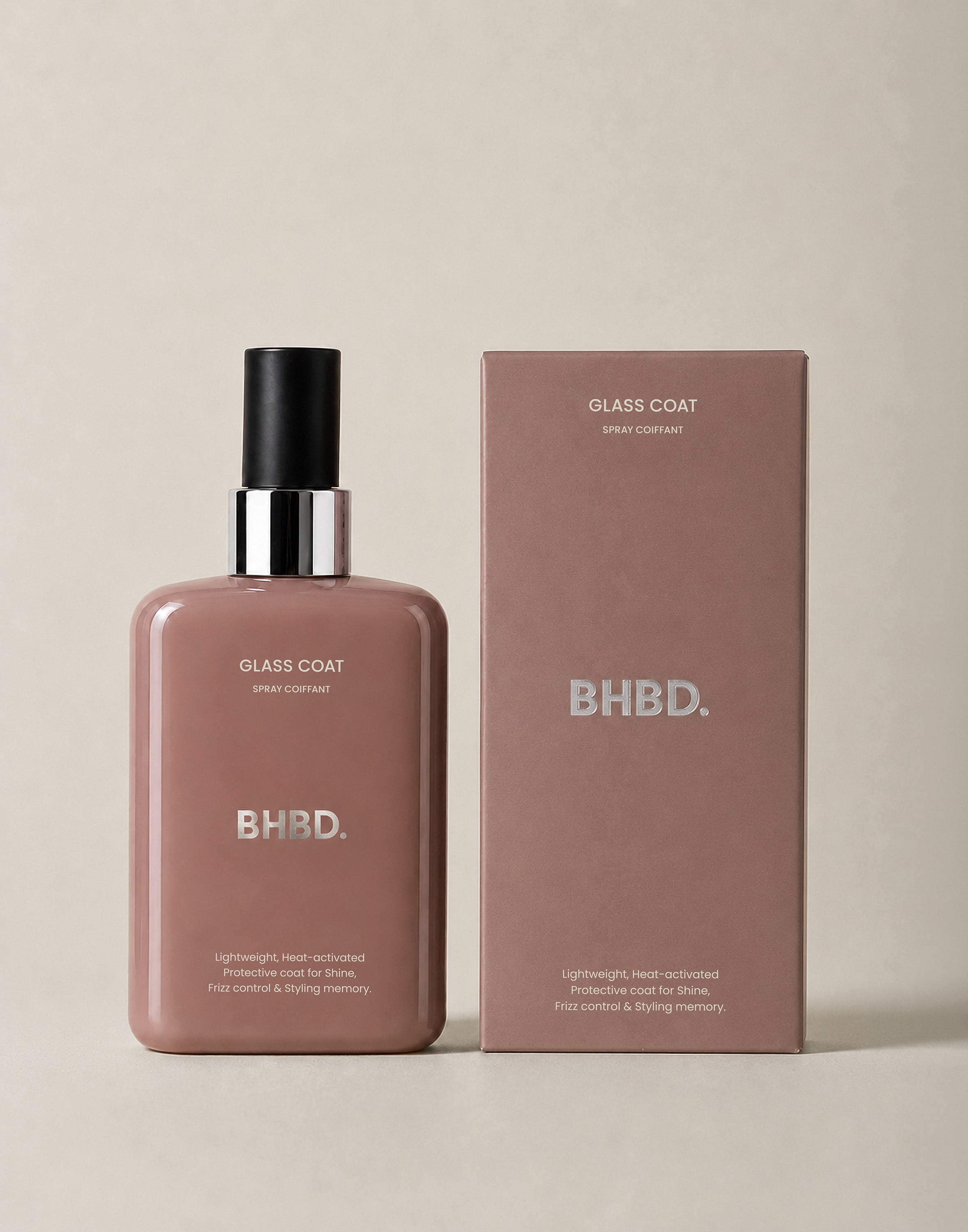 BHBD glass coat spray bottle and packaging on a beige background