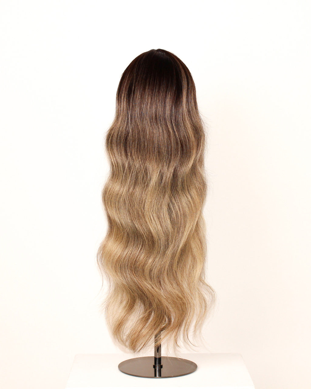 Balayage Wig 50 cm Remy human hair in cool and warm blonde-brown blend with soft waves and darker root, displayed on stand. Back view