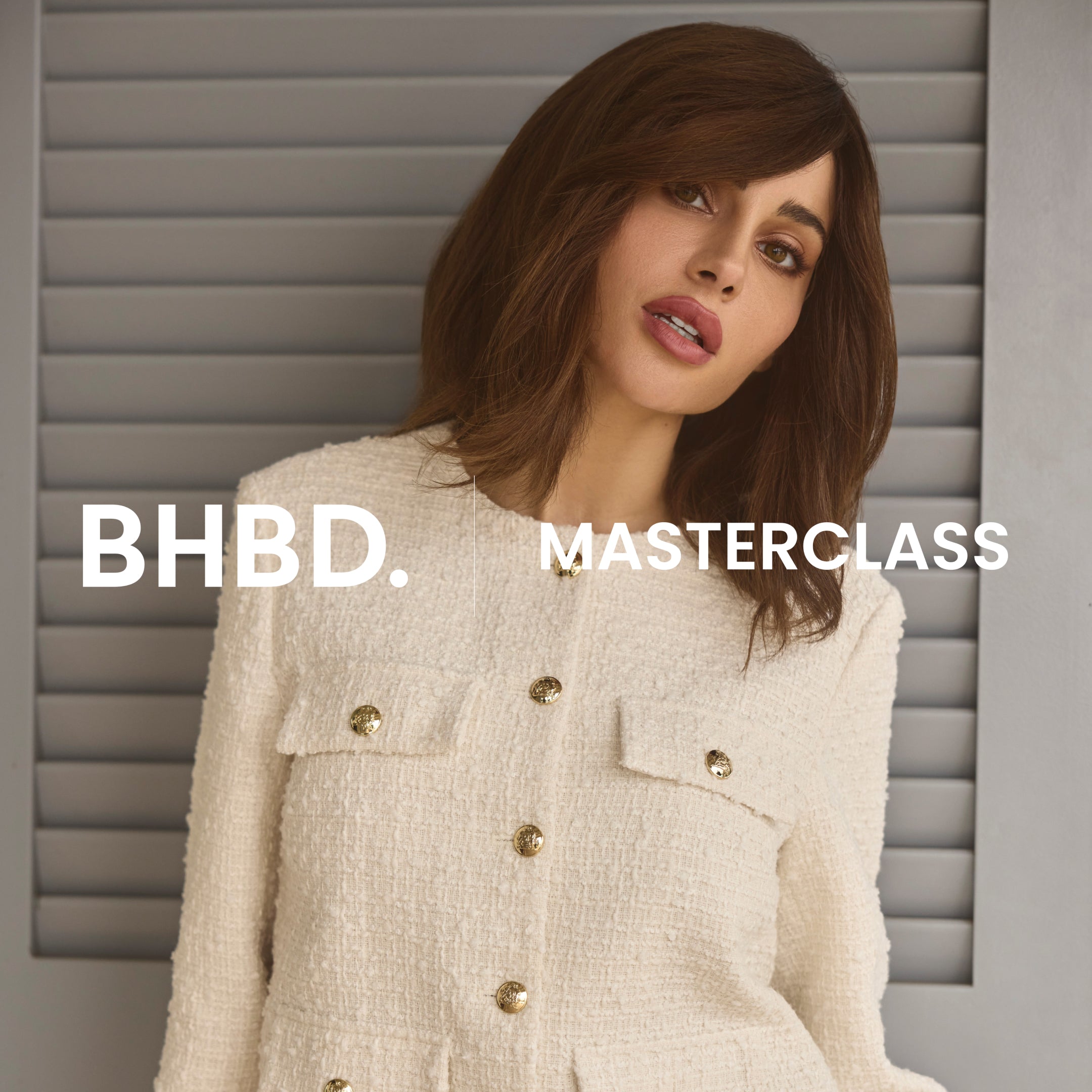 Woman wearing a beige textured jacket with gold buttons against a neutral background, featuring 'BHBD. MASTERCLASS' text.