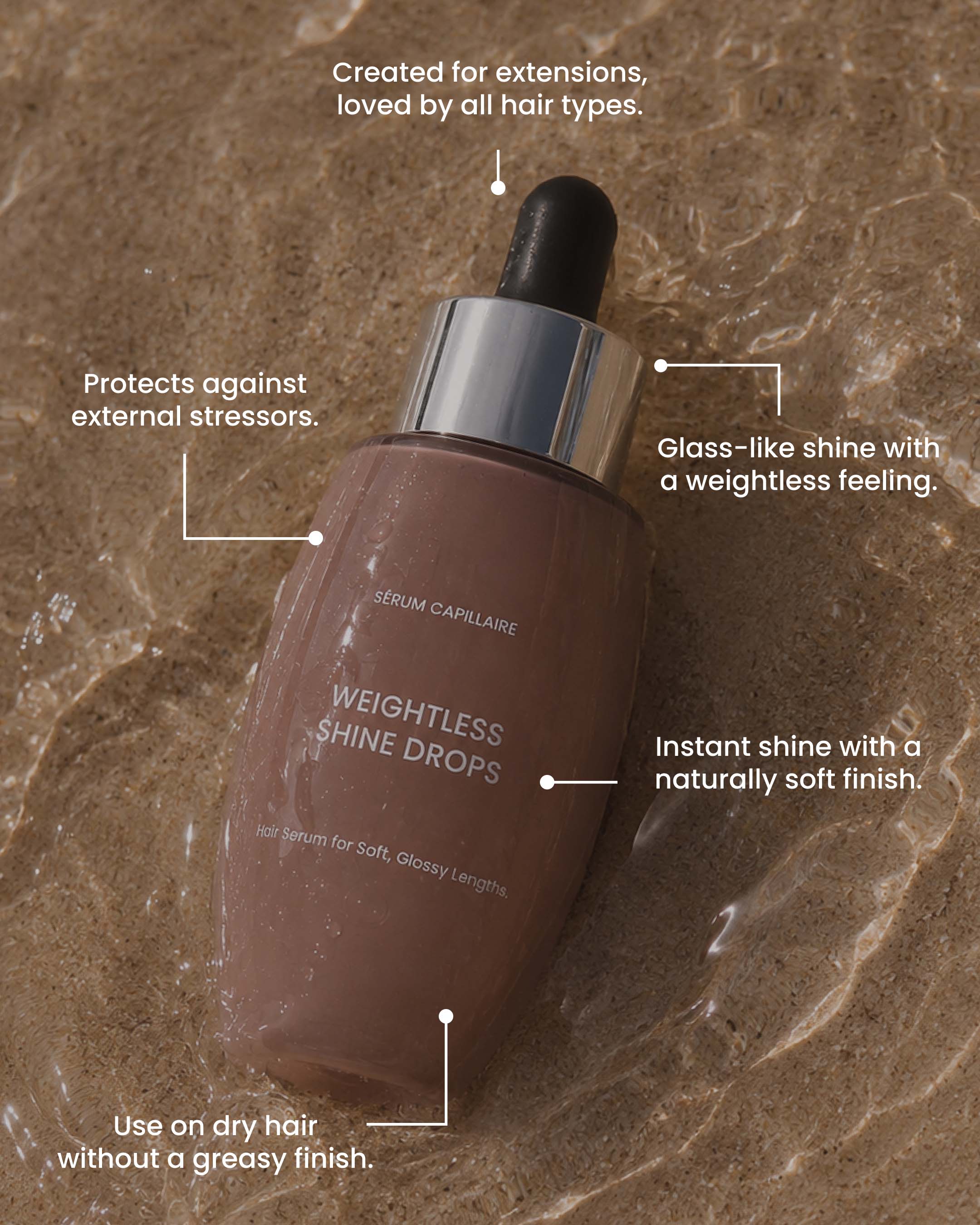 Weightless Shine Drops hair serum with features highlighted