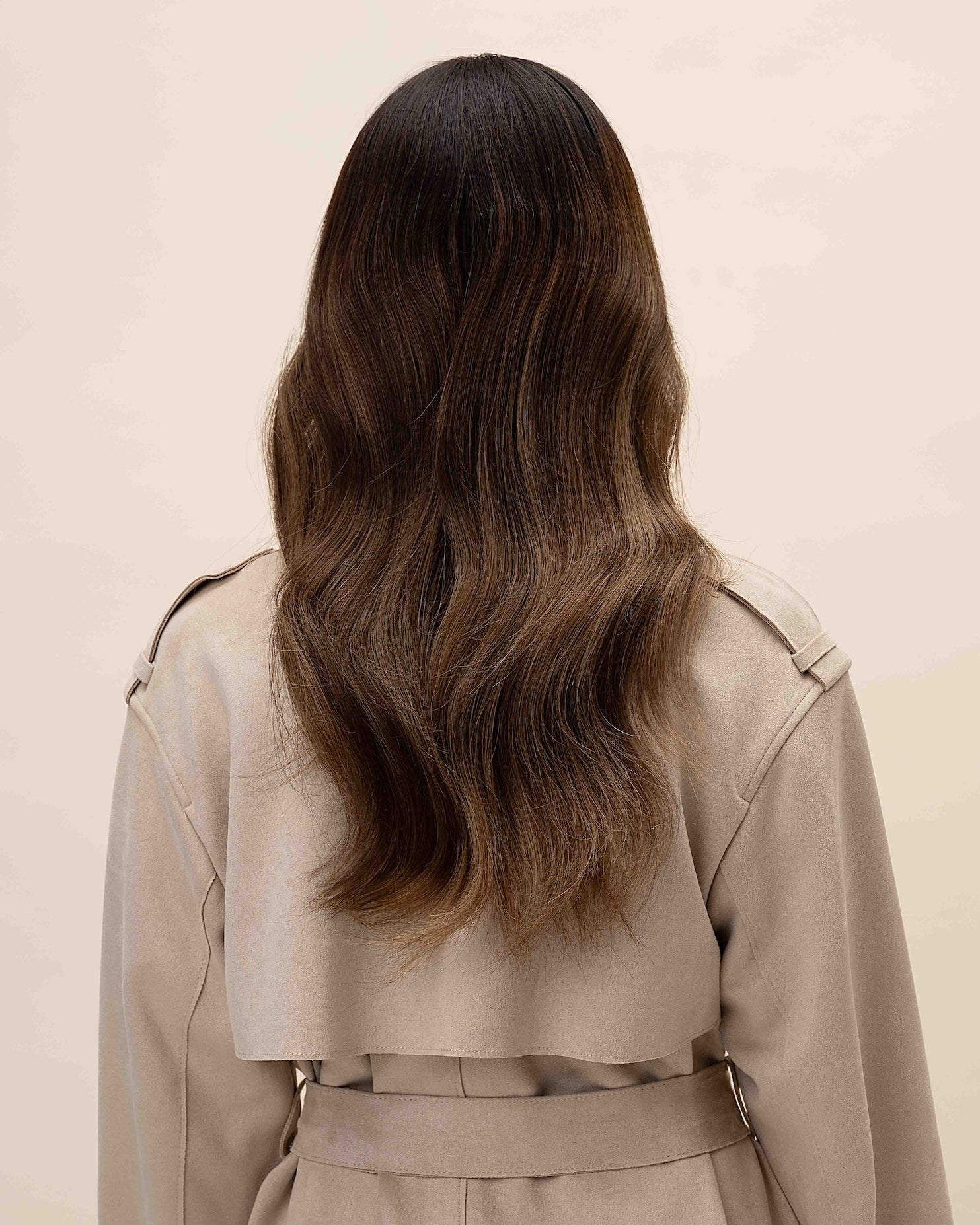 Brunette Balayage Wig 40 cm Remy human hair wig with dark brown roots blending into soft medium brown lengths, shown from the back on model.