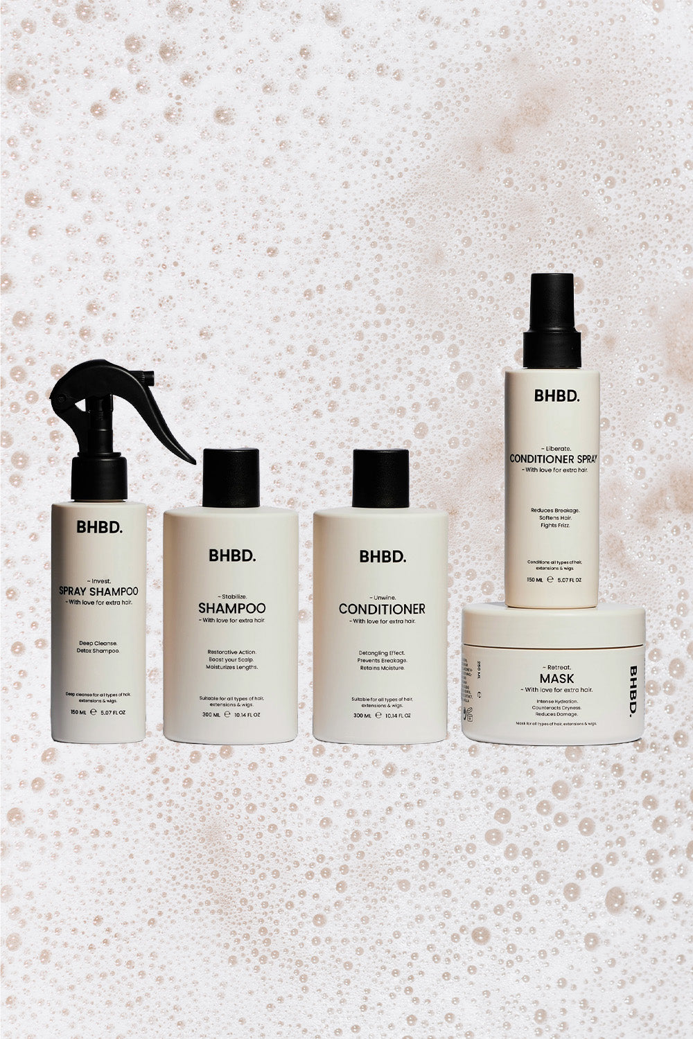  A bundle of BHBD premium hair care products. BHBD Spray Shampoo & Conditioner BHBD Shampoo BHBD Conditioner BHBD Hair Mask
