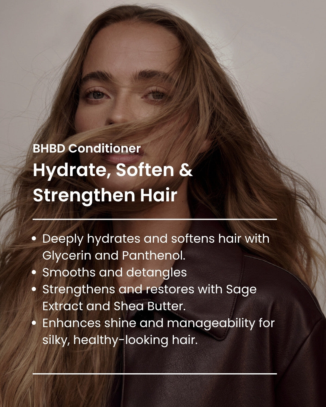 Woman with long hair blowing in the wind, featuring text about BHBD Conditioner benefits.