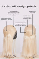 Detailed view of BHBD premium full lace wig cap features. Includes thin, lightweight Swiss lace for free parting and a natural hairline, elastic bands in 3 sizes for flexible sizing and secure fit, 4 hair clips for added security, stretch lace for comfort, and a transparent lace back ideal for braids, ponytails, and half-up styles.