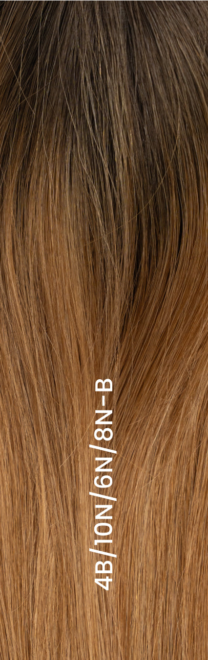 Close-up of hair topper in balayage brown-blond shade (4B/10N/6N/8N-B) with soft blended dimension and natural color variation.