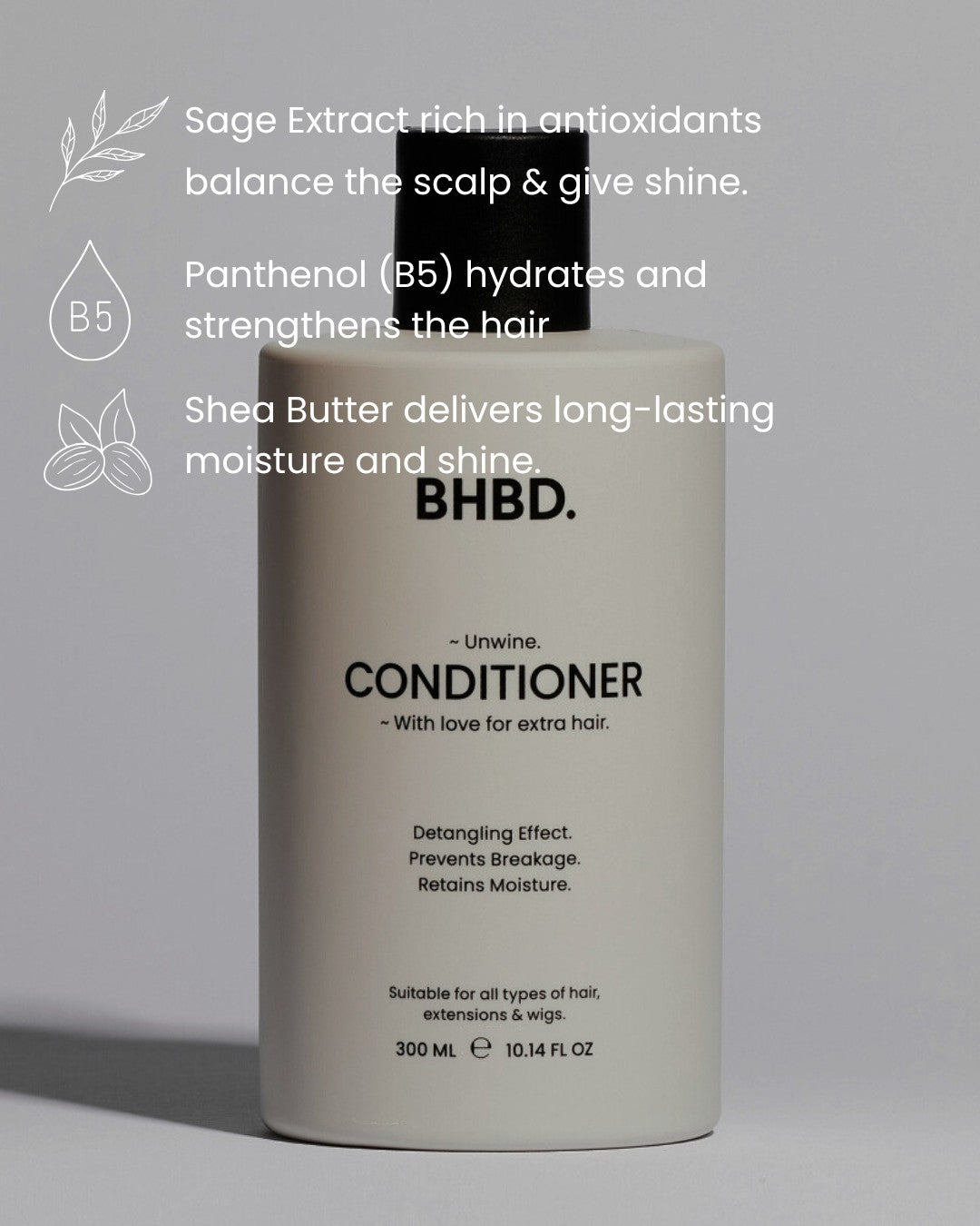 BHBD conditioner bottle with text about its ingredients and benefits on a gray background