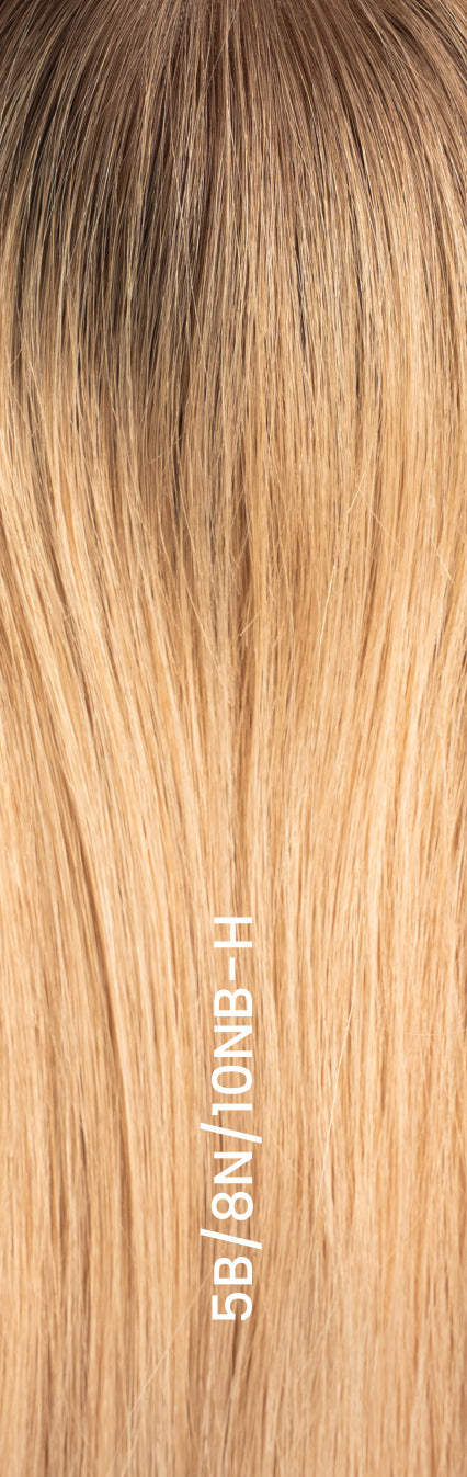 Close-up of hair topper in highlighted blond shade (5B/8N/10NB-H) with darker roots and soft blended blond highlights.