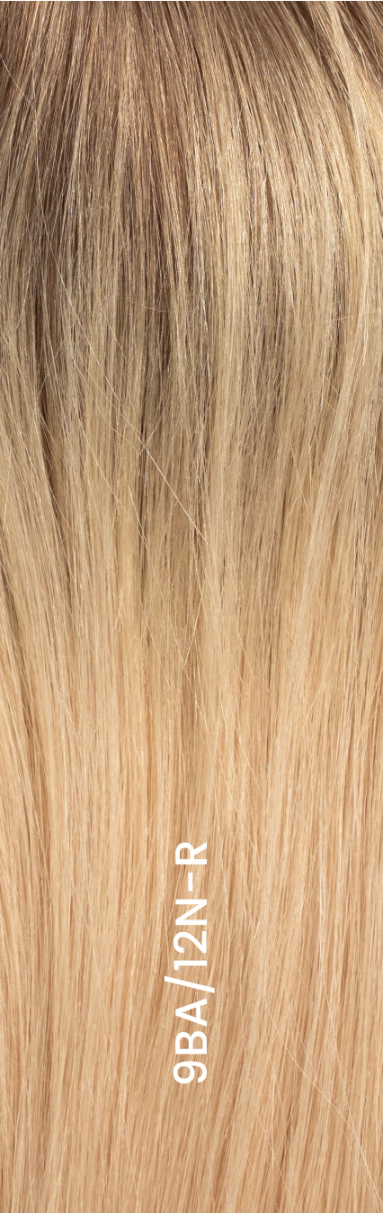 Close-up of hair topper in shade 9BA/12N-R, blond shade with darker roots and light blond lengths with natural texture and shine.