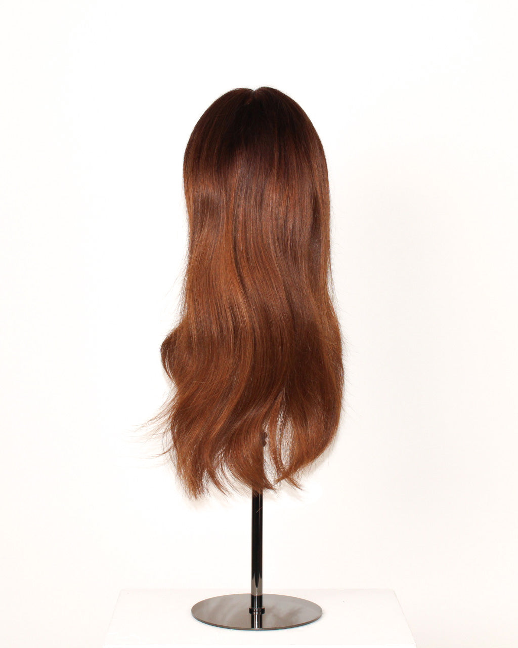 Ava Wig 40 cm Remy human hair wig with rich copper root and soft lighter ends for natural dimension, displayed on stand. Back view