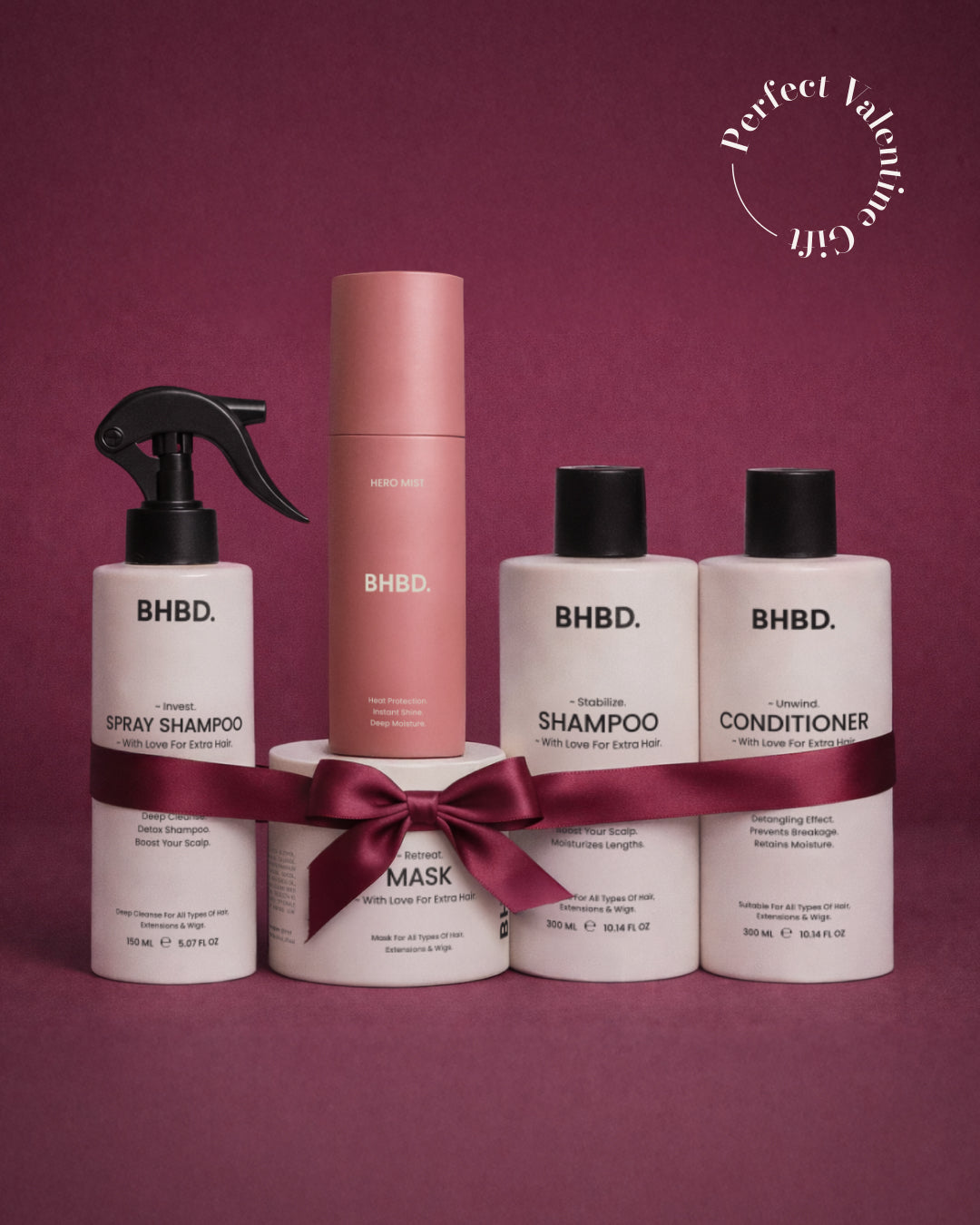 A bundle of BHBD premium hair care products. BHBD Spray Shampoo BHBD Shampoo BHBD Conditioner BHBD Hair Mask BHBD Hero Mist