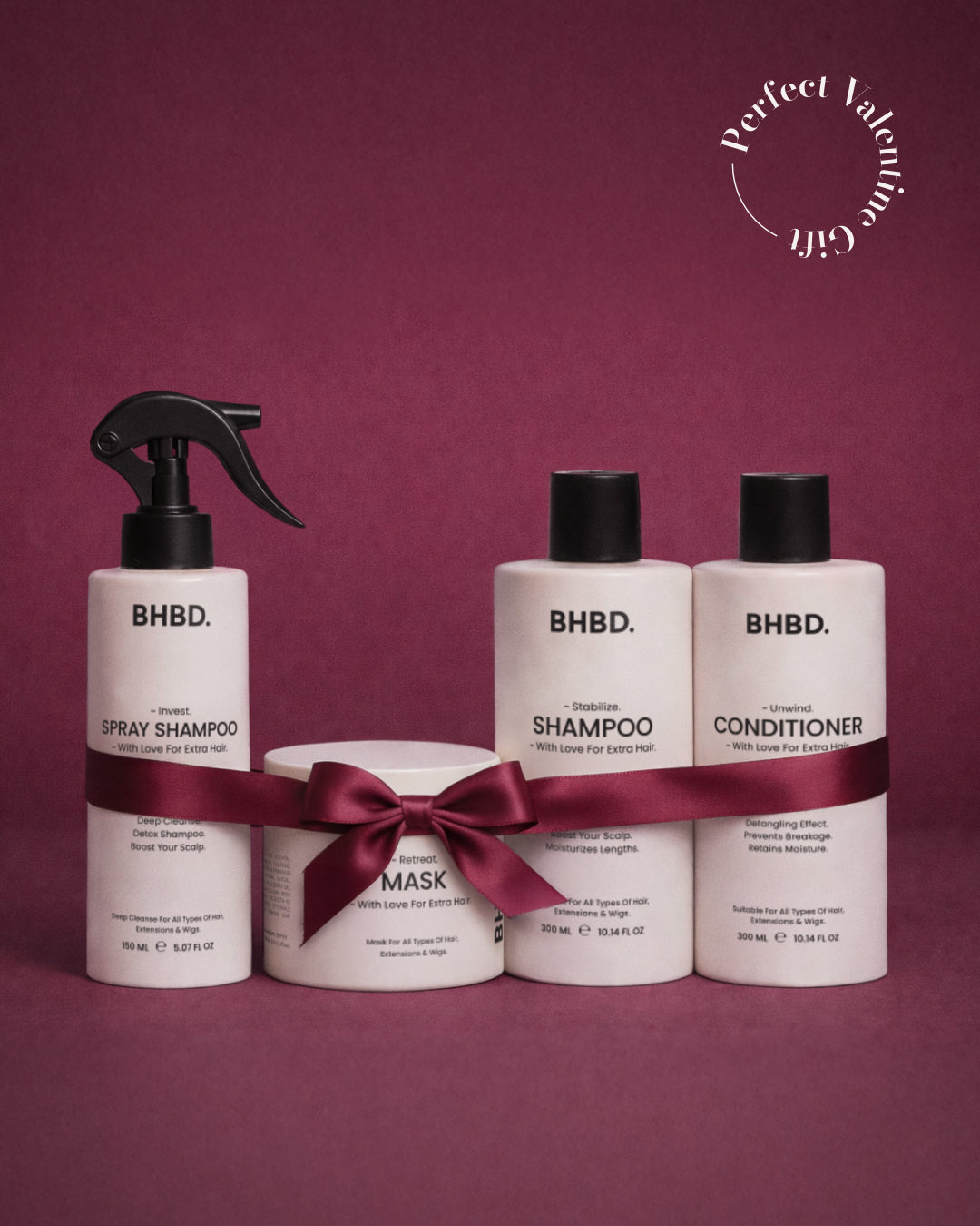 BHBD Hair Care: Spray shampoo, shampoo, conditioner and hair mask.