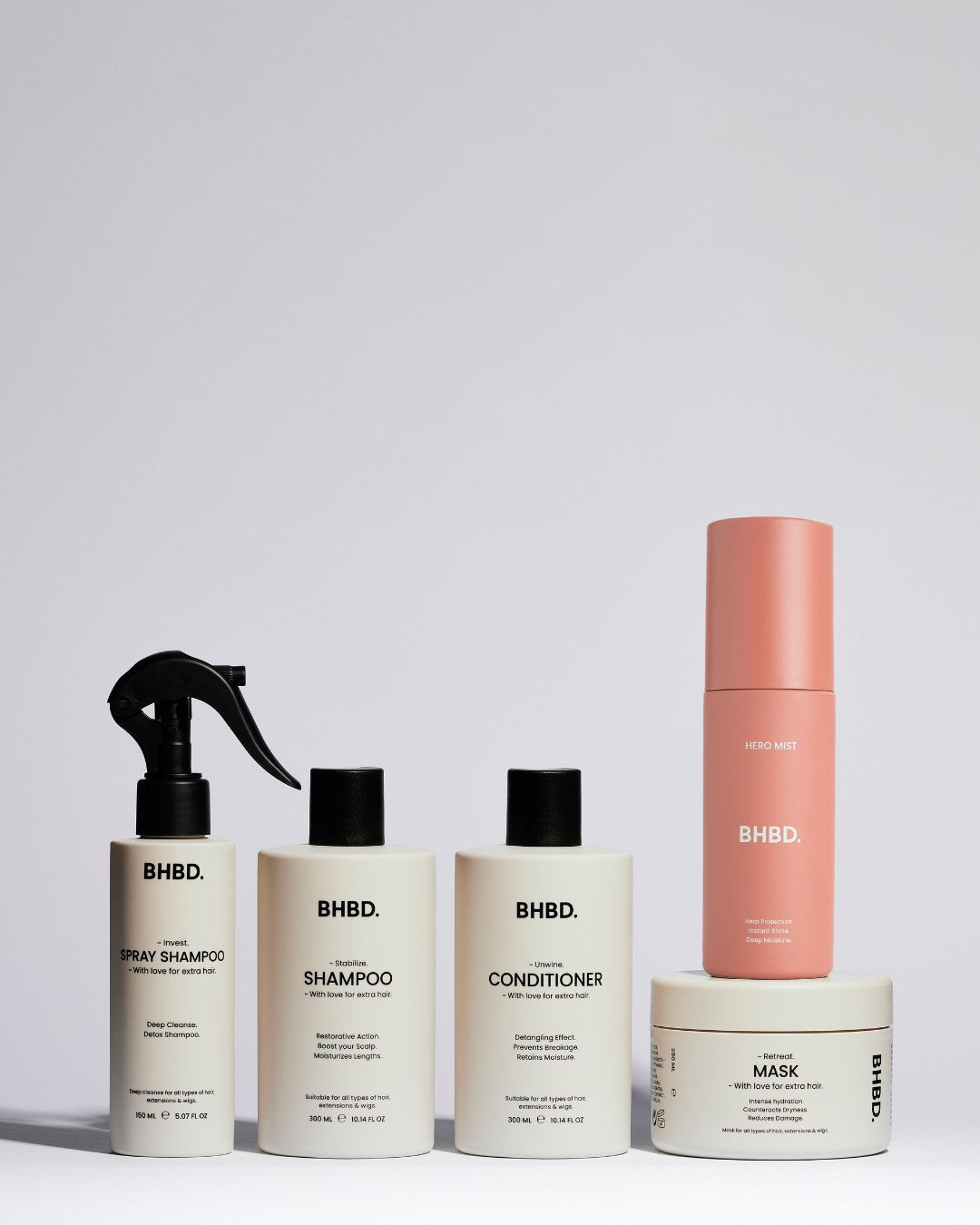 A bundle of BHBD premium hair care products. BHBD Spray Shampoo BHBD Shampoo BHBD Conditioner BHBD Hair Mask BHBD Hero Mist