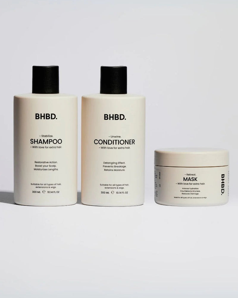 BHBDs hair rescue deal that includes Shampoo cleanses gently. Conditioner protects & shines. Mask deeply transforms hair. 